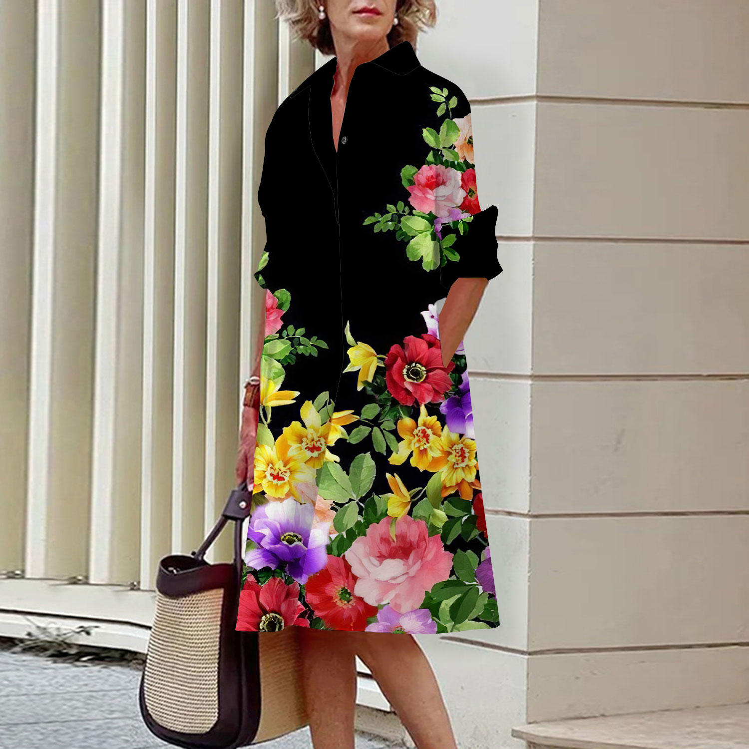 Midi Skirt Floral - Vestido Midi de manga comprida com