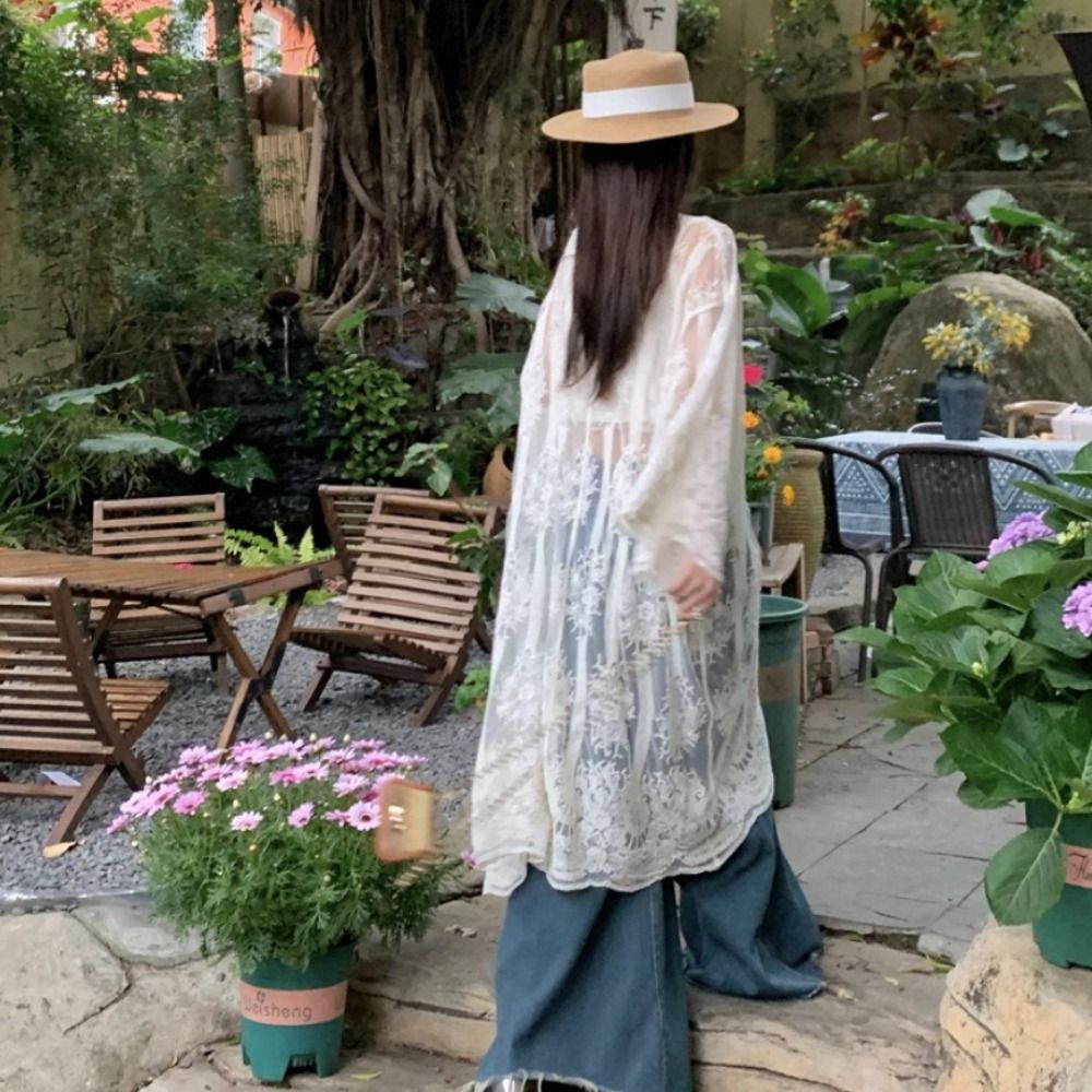 Blusa Leve de Renda com Bordad - Kimono Sheer Floral avaliação e preço